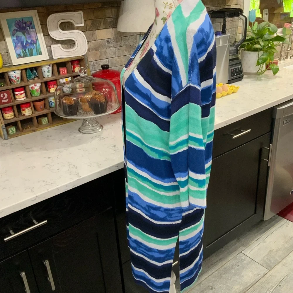Chico's Striped Open-Front Cardigan in Blue, Teal, Navy